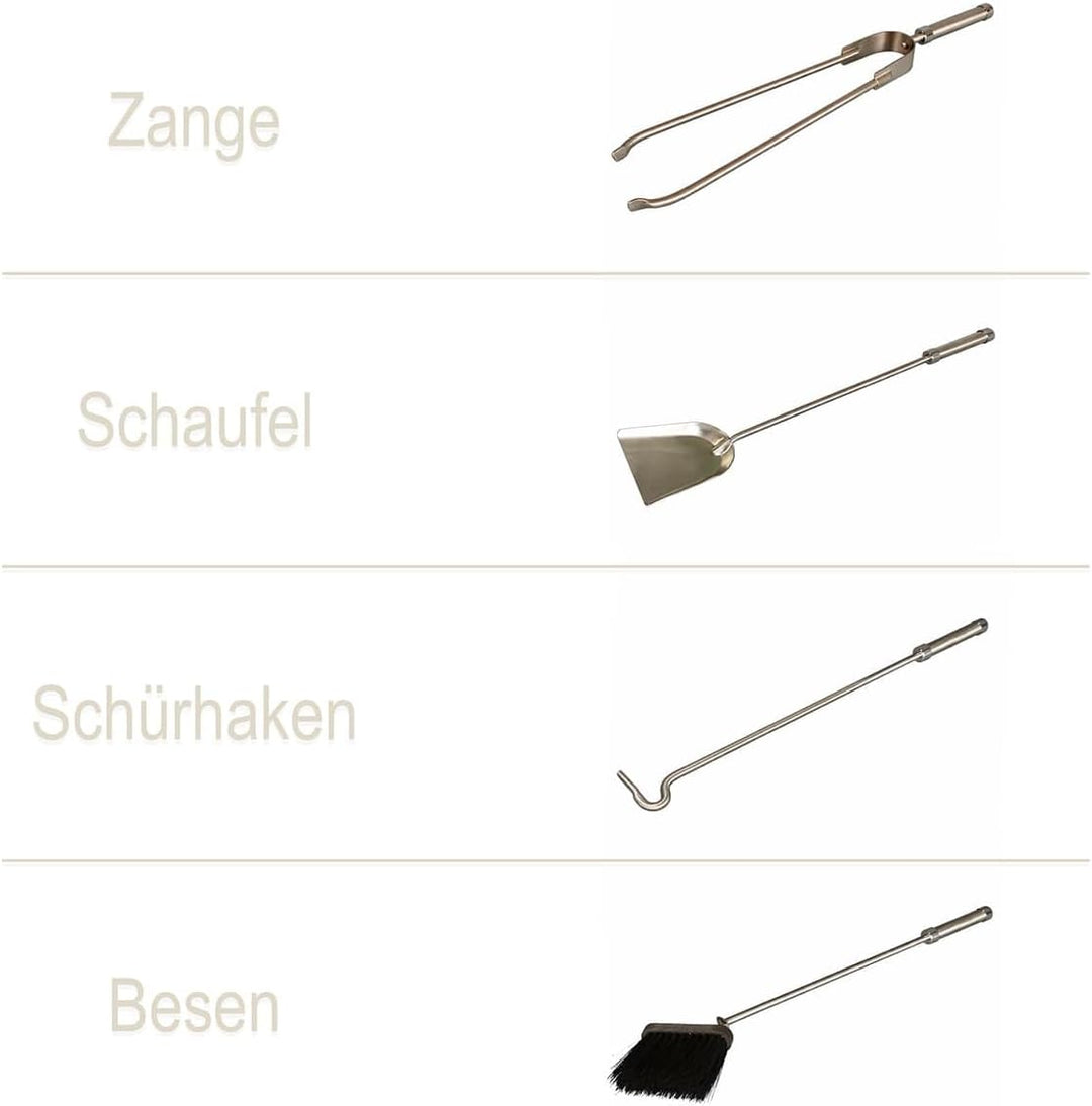 MS Beschläge Ofenbesteck Edelstahl 5-teilig matt gebürstet – Kaminbesteck mit Halter, Zange, Schaufe