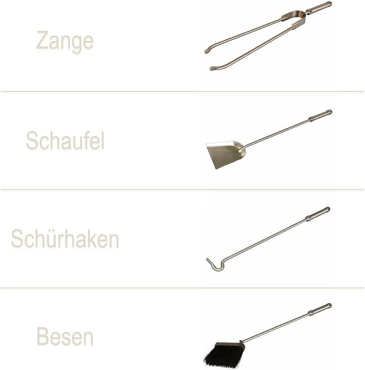 MS Beschläge Ofenbesteck Edelstahl 5-teilig matt gebürstet – Kaminbesteck mit Halter, Zange, Schaufe