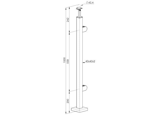 Sellon24® Edelstahl Geländerpfosten Eckig rechts 40x40 Bauhöhe 1000mm Vierkantrohr mit Glashalter Vi