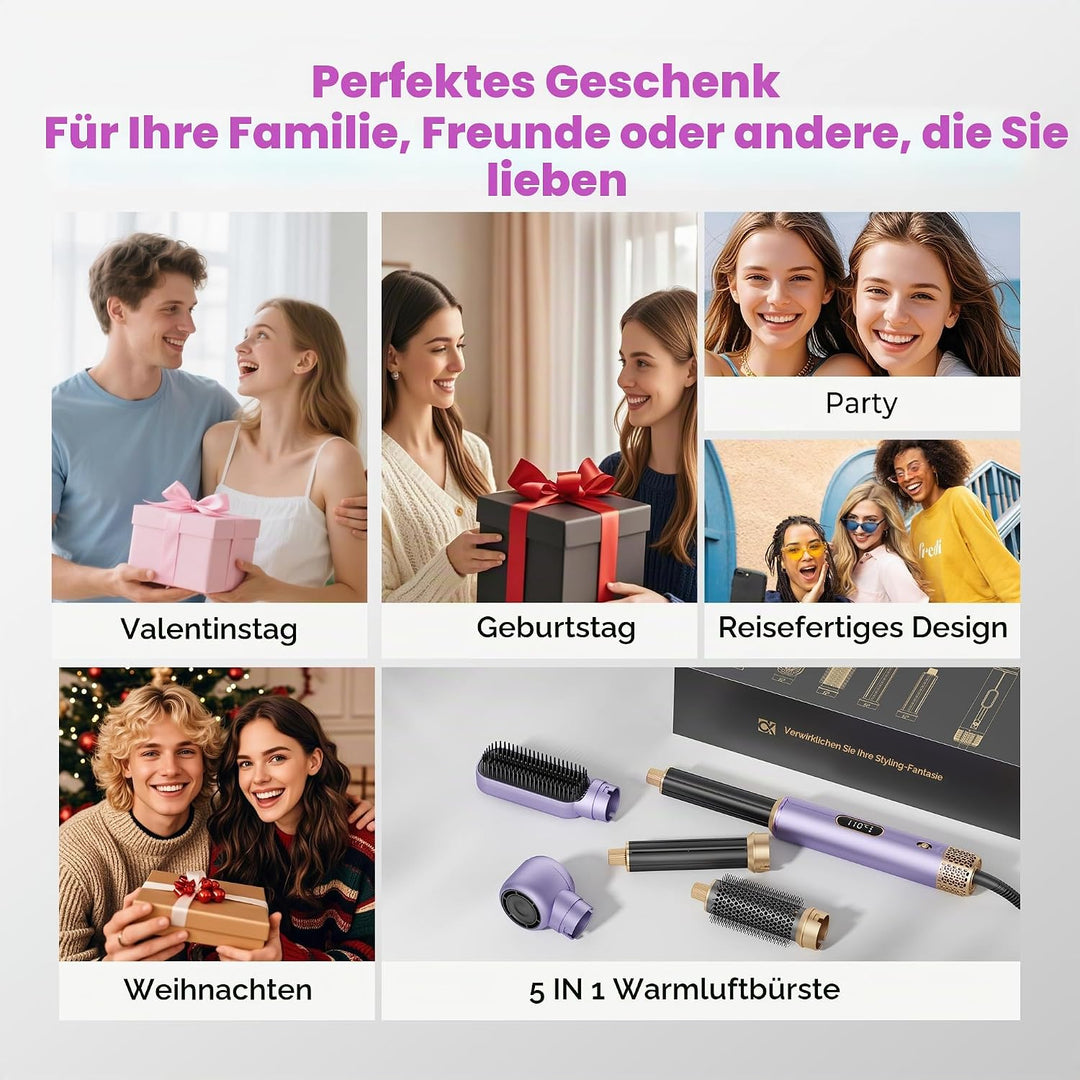 Neue Airstyler 5 in 1 Föhnbürste Set, Ionen Hairstyler mit 30mm Warmluft-Lockenstab | 1000W Haartroc