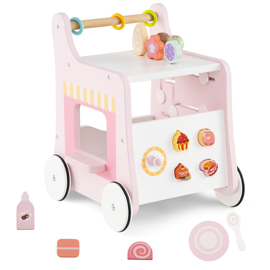 DREAMADE Lauflernwagen Holz, 6-in-1 hölzerne Lauflernhilfe, Baby Walker mit Blöcken & Zubehör, Lernl