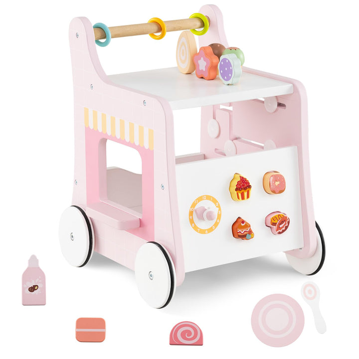 DREAMADE Lauflernwagen Holz, 6-in-1 hölzerne Lauflernhilfe, Baby Walker mit Blöcken & Zubehör, Lernl