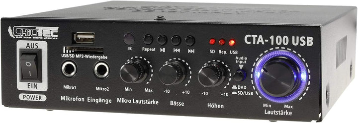 ChiliTec HiFi Verstärker Bluetooth USB CTA-100 100W Aux IN 230V / 12V Betrieb PC Camper Werkstatt He