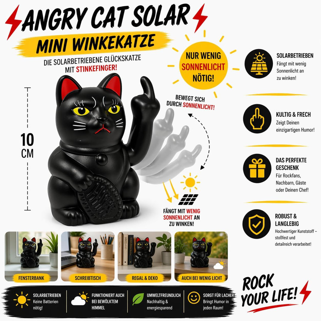ANGRY CAT – Mini Winkekatze Lucky CAT SOLAR betrieben Lustige winkende Katze - japanische Winkkatze