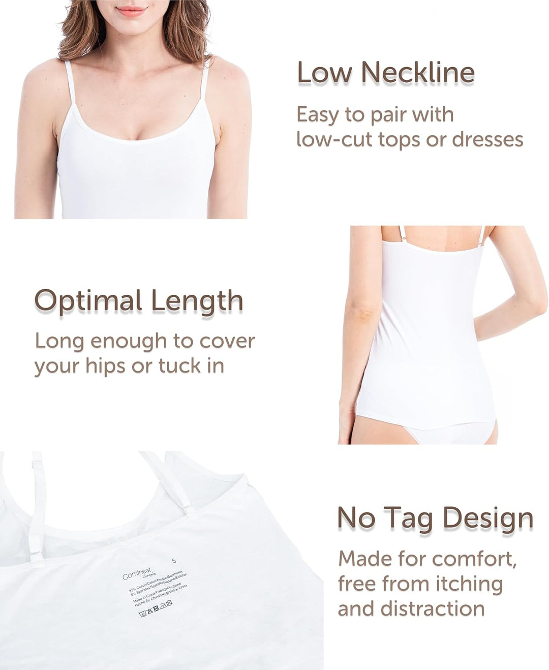 Comfneat Damen 4-Pack Spaghetti Tops Slim-Fit Verstellbare Träger Camisole Baumwolle Elasthan Unterh