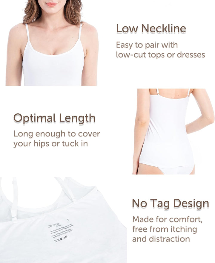 Comfneat Damen 4-Pack Spaghetti Tops Slim-Fit Verstellbare Träger Camisole Baumwolle Elasthan Unterh