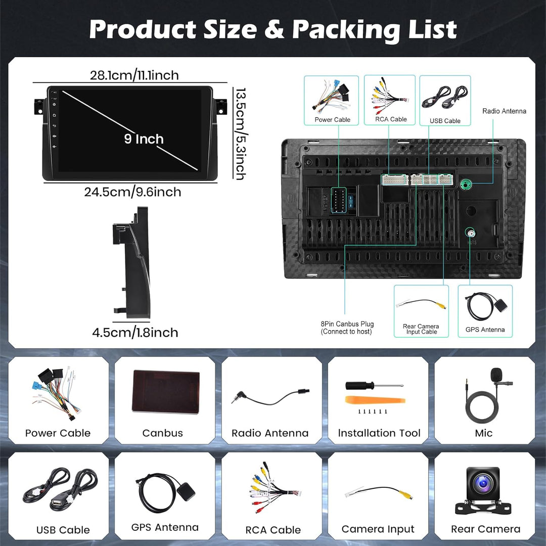 Hikity 4G+64G Autoradio Android 15 für BMW Serie 3 E46 1999-2005 mit 9-Zoll-Touchscreen, Stereo 2 DI