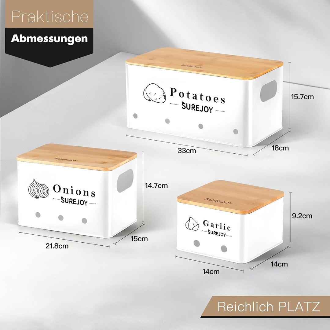 Surejoy Kartoffel Aufbewahrungsbox 3er Set, Vorratsdosen für Zwiebel Knoblauch Aufbewahrung, Hält Ge
