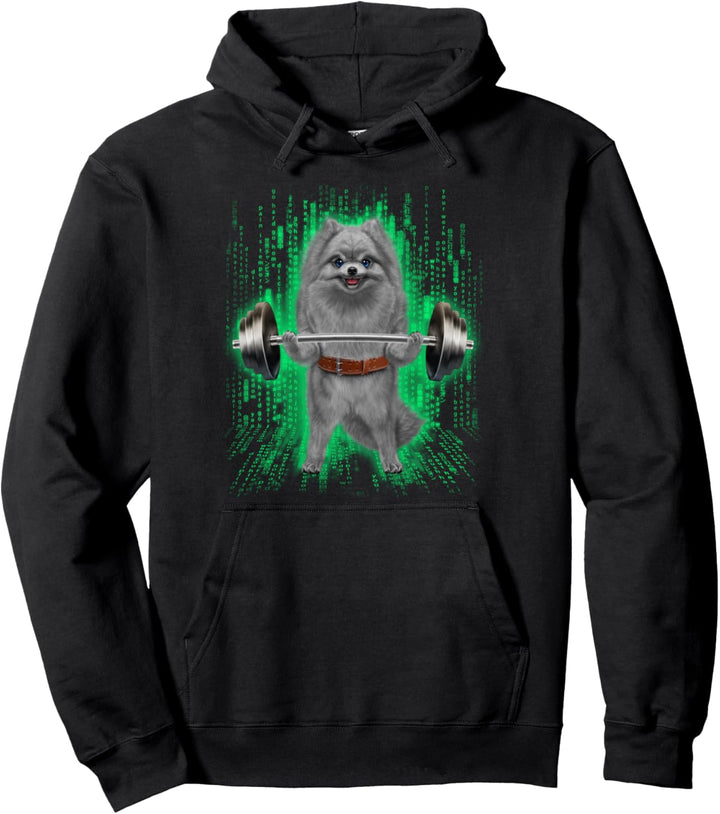 Pommerscher Hund, der Gewichte im Cyber-Fitnessstudio hebt Pullover Hoodie