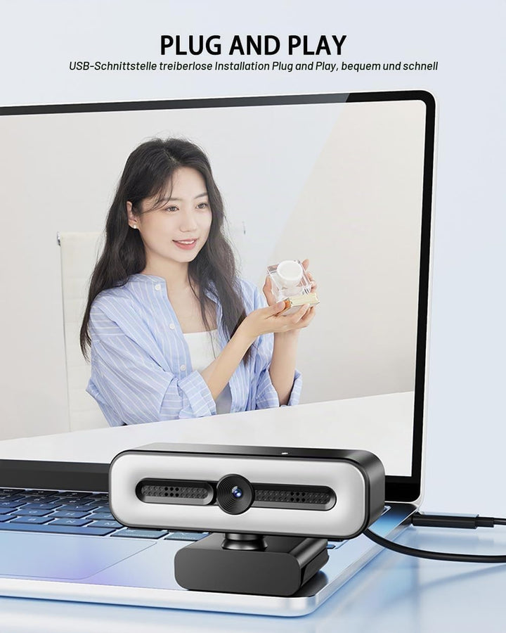 4K UHD Ring Light Webcam for PC, 1080P Web Camera with Dual AI Noise-Cancelling Mics, Auto Light Cor