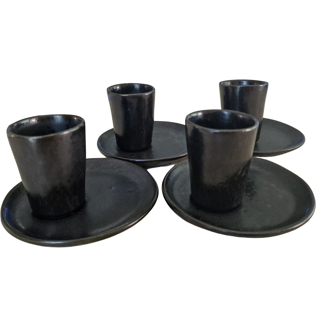 PintoCer - Espresso Kaffeetassen aus weissem Steingut, ohne Griff mit brauner Untertasse (Schwarz/Sc