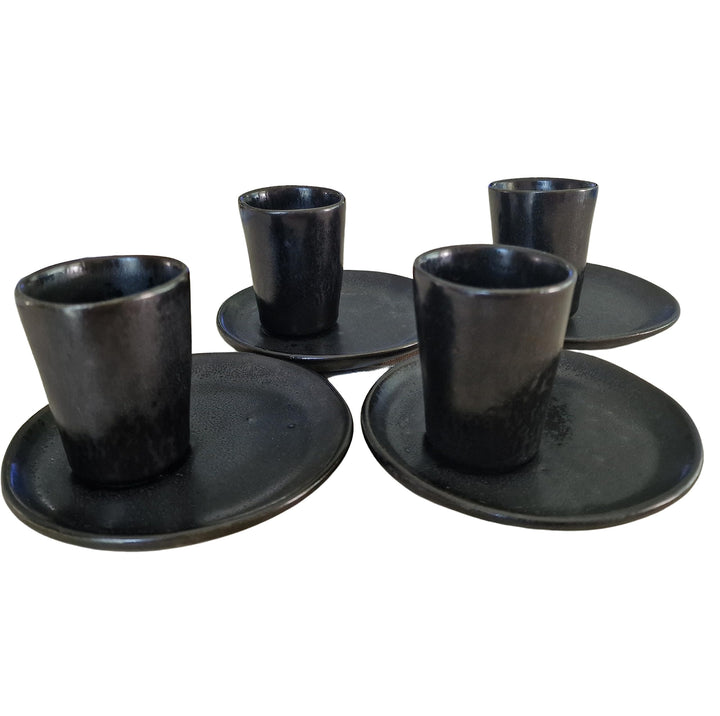 PintoCer - Espresso Kaffeetassen aus weissem Steingut, ohne Griff mit brauner Untertasse (Schwarz/Sc