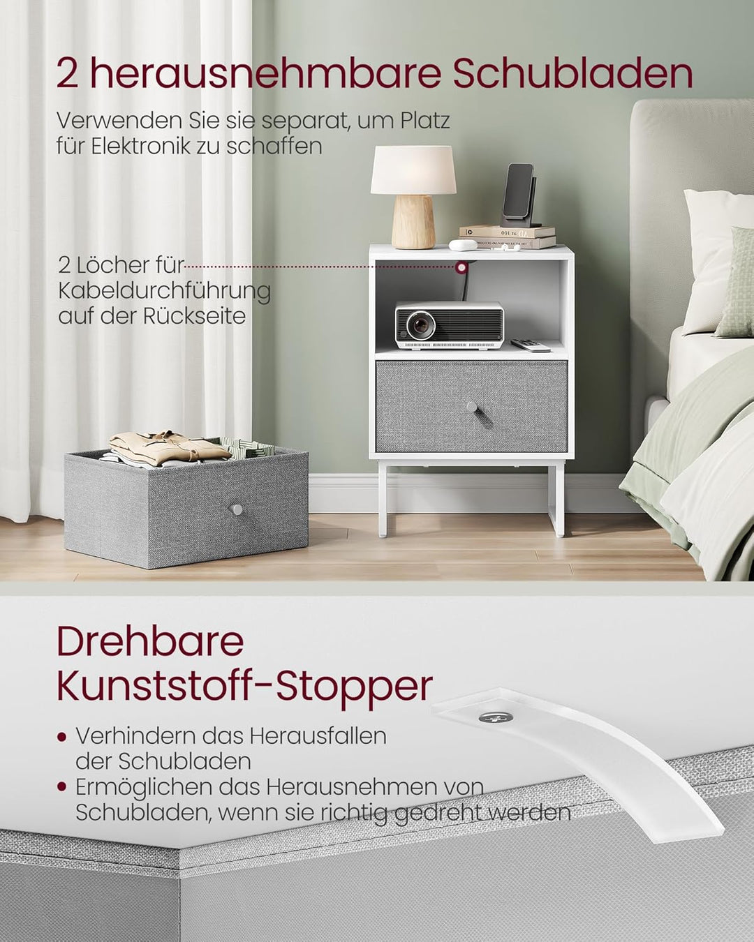 VASAGLE Nachttisch, Beistelltisch mit Stauraum, 2 herausnehmbare Schubladen, Nachtschrank für Schlaf
