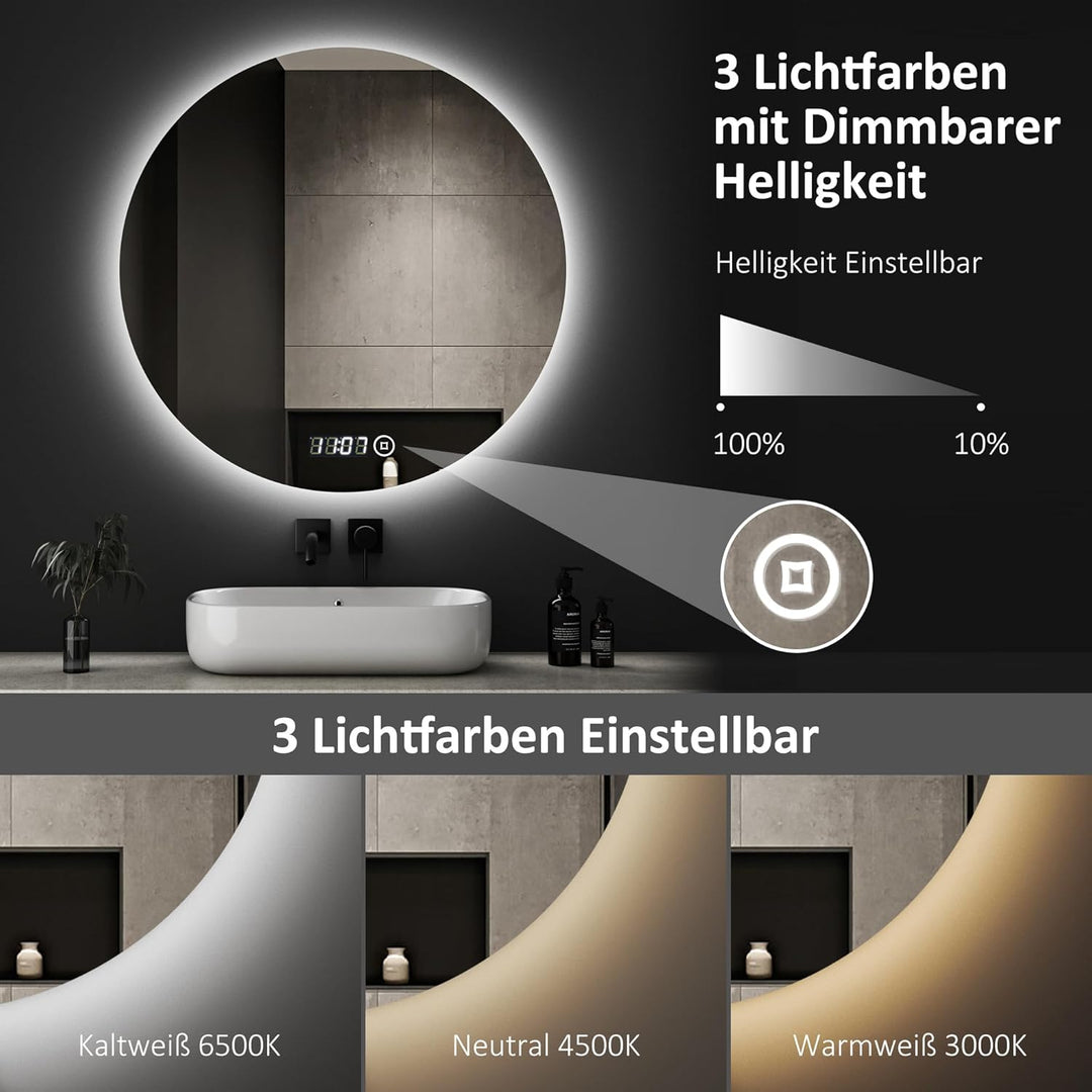 Boromal LED Badspiegel Rund mit Beleuchtung 70x70cm LED Spiegel Rund mit Uhr 3000K-6500K 2352LM Bade