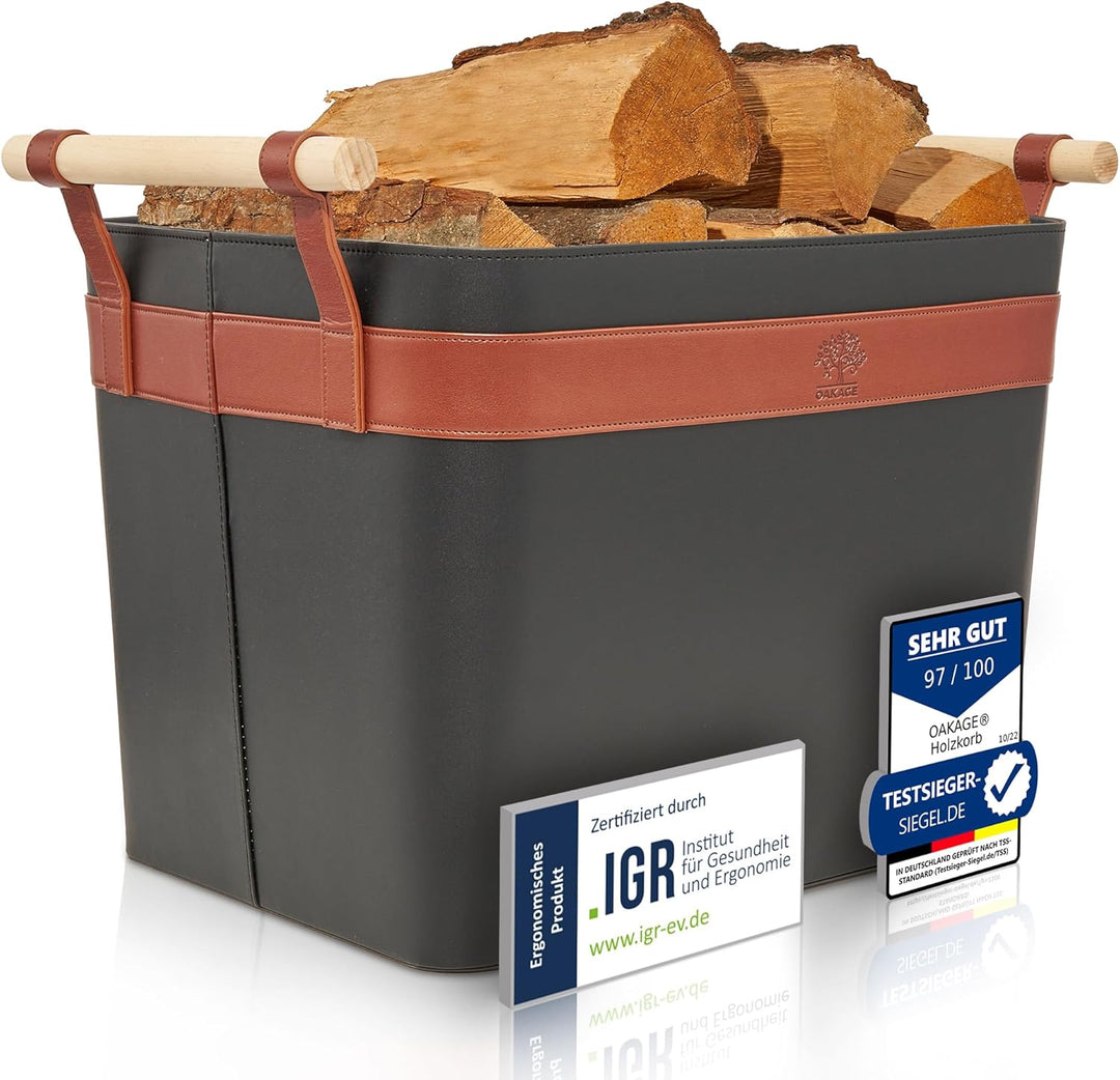 OAKAGE® Holzkorb für Kaminholz Gross aus veganem Leder Kaminholzkorb Feuerholzkorb Brennholzkorb Kam