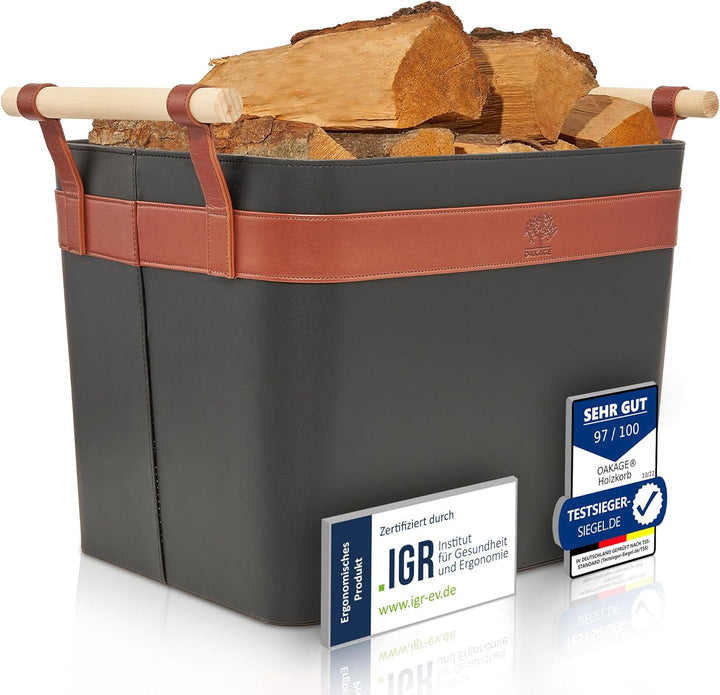OAKAGE® Holzkorb für Kaminholz Gross aus veganem Leder Kaminholzkorb Feuerholzkorb Brennholzkorb Kam