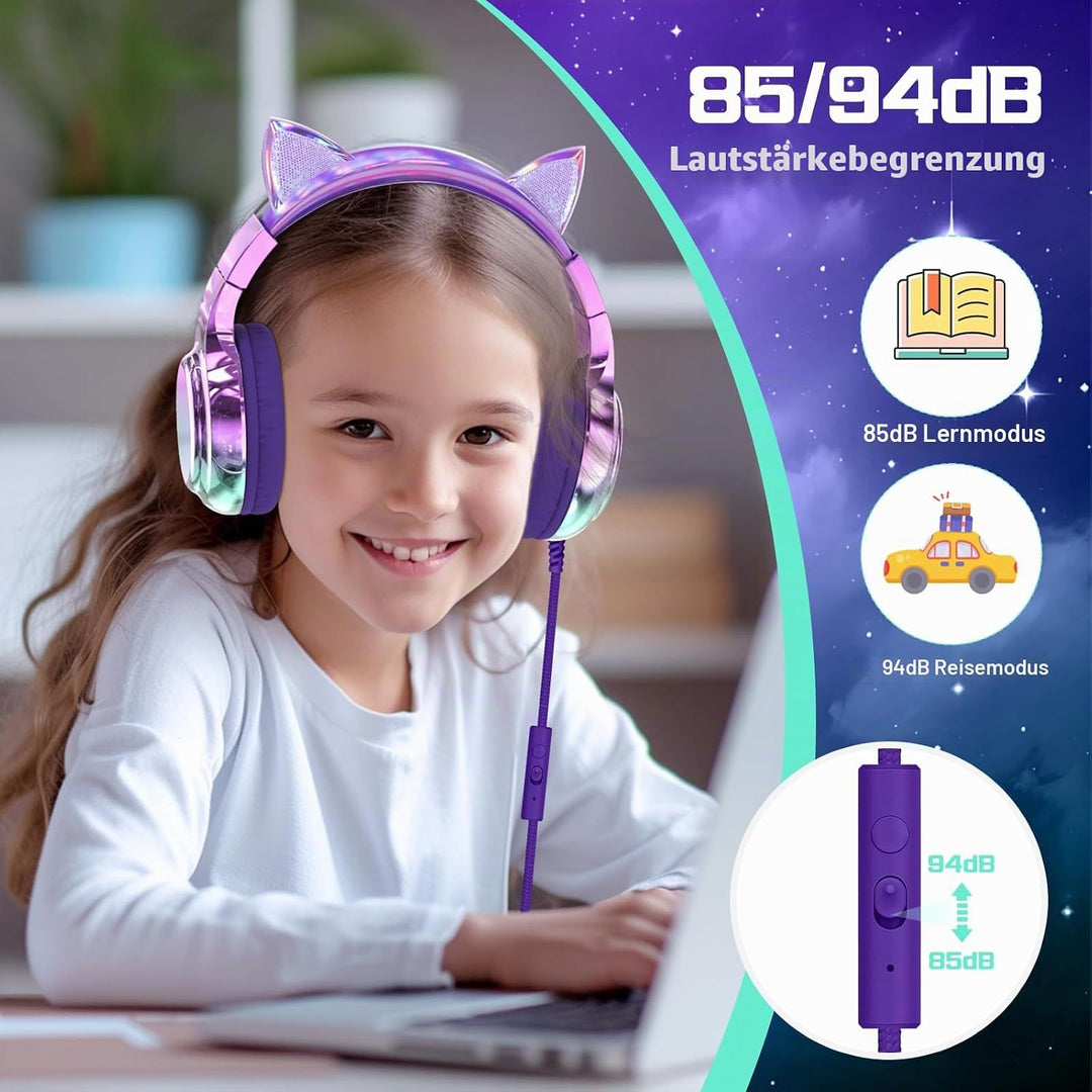 JYPS Kinder Kopfhörer, Kopfhörer Kinder mit Kabel, 85/94dB Lautstärkenbegrenzer, Audio-Sharing, Falt
