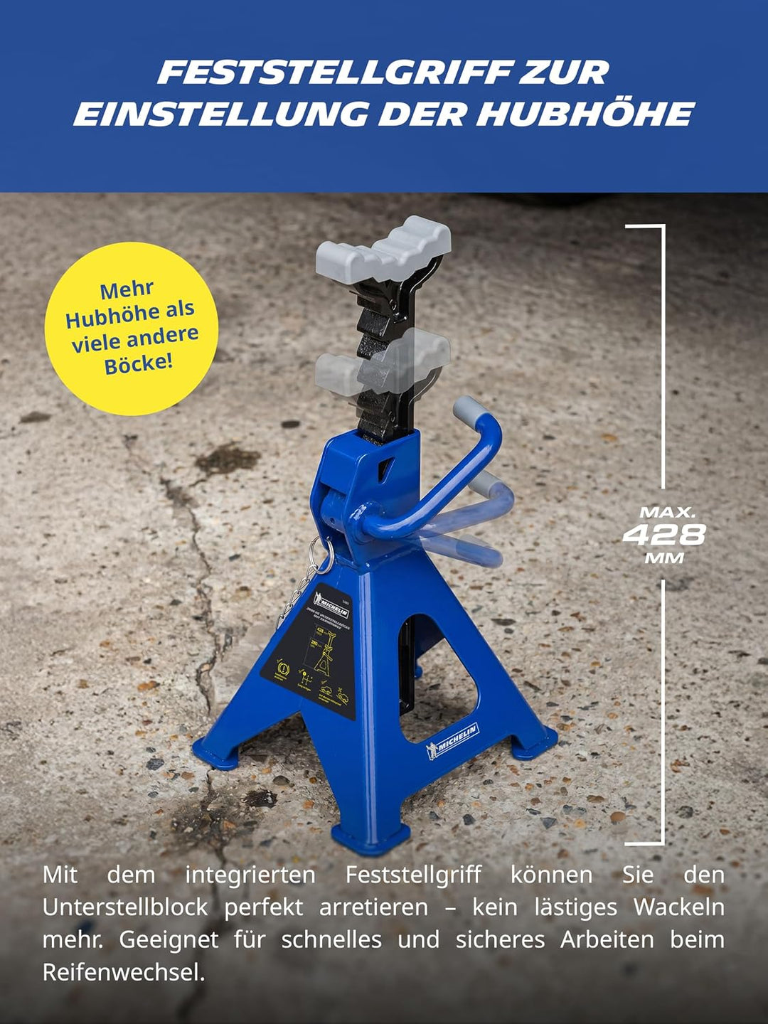 MICHELIN Unterstellbock 2 Tonnen Traglast, 2 Stück Stützböcke, Höhenverstellbar 280 mm bis 428 mm Hu