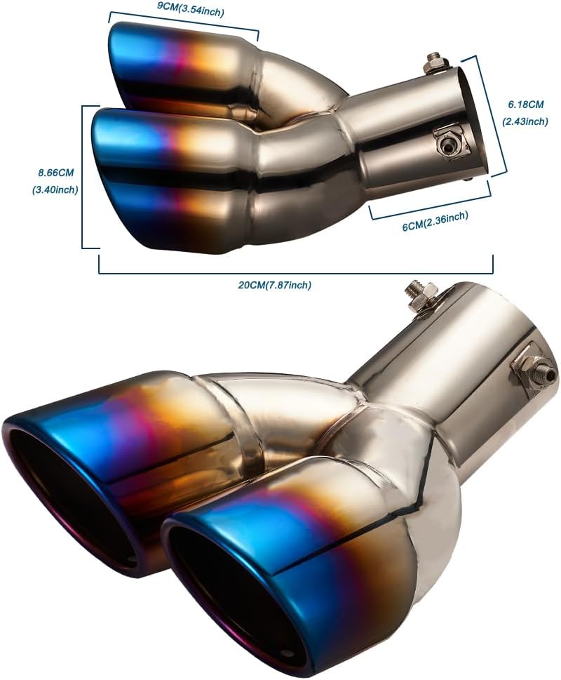 Blueshyhall Auspuffblende Doppelrohr 60mm, Schalldämpfer Auto Gebogen, Gebacken Blau Oval Gebogenes