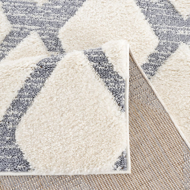 payé Teppich Wohnzimmer Hochflor - Boho - Skandinavisch -160x230cm - Pastell Creme Grau - Raute Must
