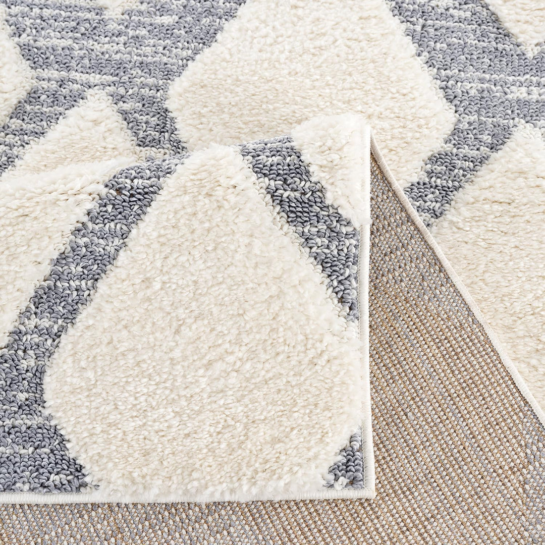 payé Teppich Wohnzimmer Hochflor - Boho - Skandinavisch - 120x170cm - Pastell Creme Grau - Raute Mus