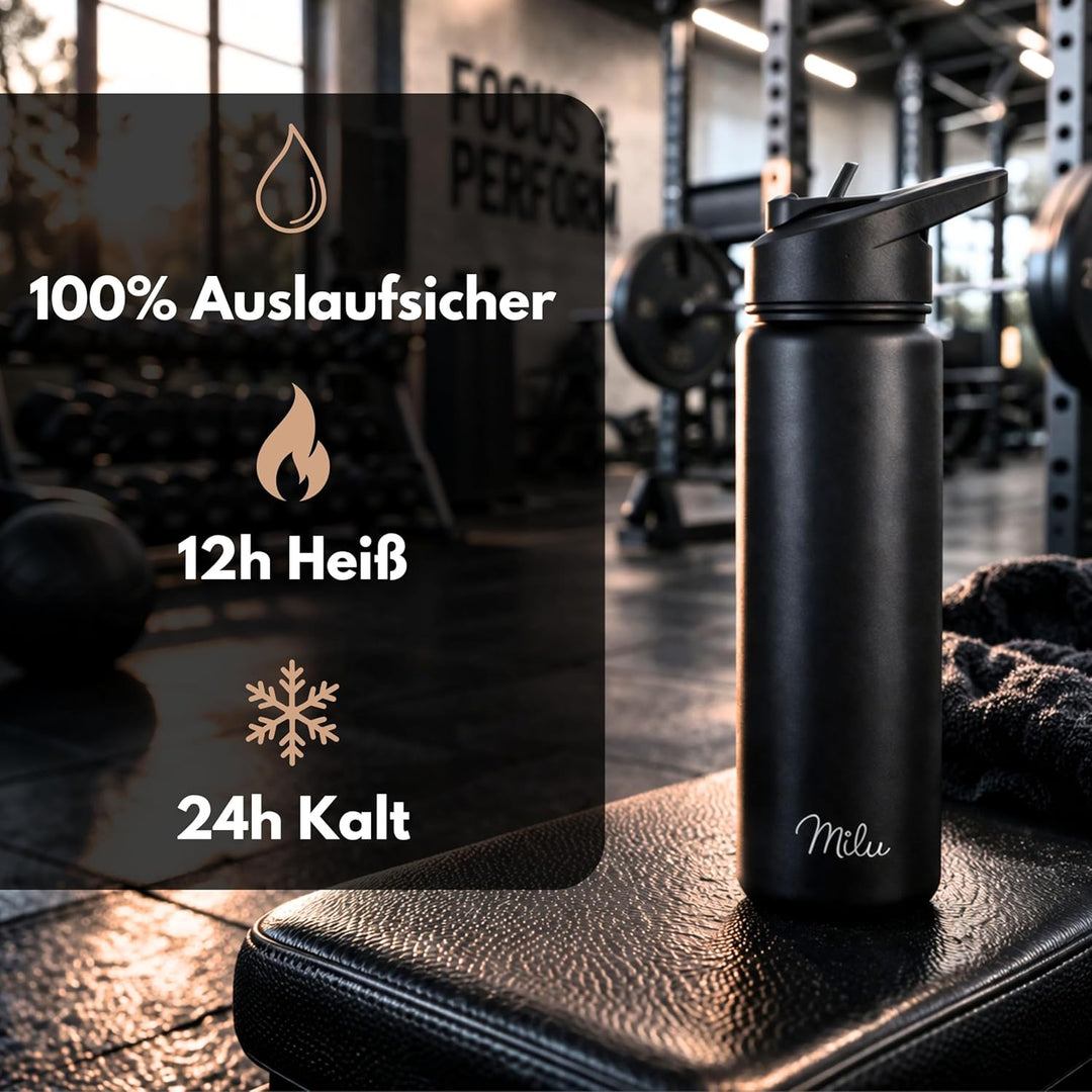 Milu Edelstahl Trinkflasche 500ml, 750ml, 1000ml (+3 Deckel) - Thermosflasche mit Strohhalm, Isolier