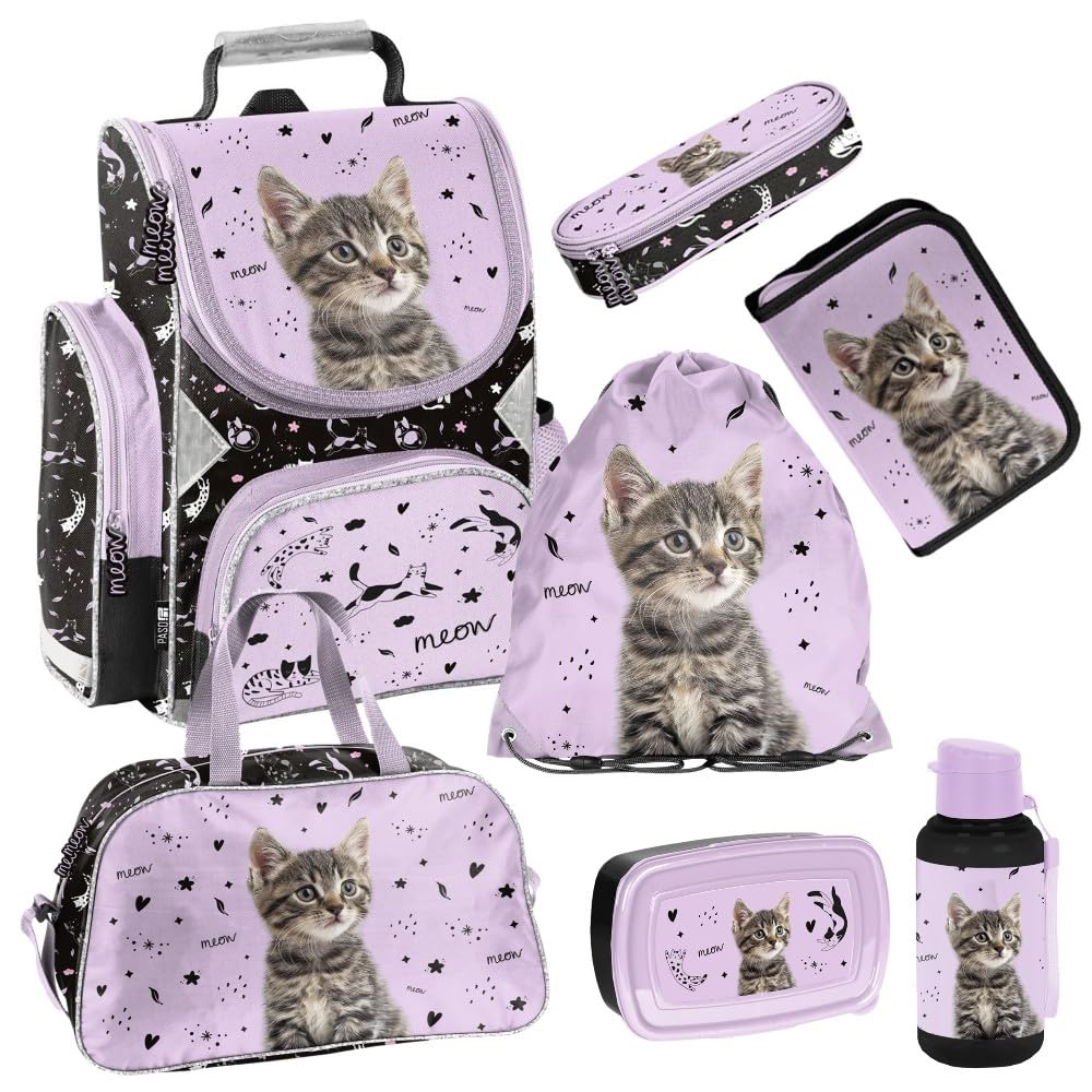 Familando - Schulranzen Set - 8-teilig mit Federmappe - Sweet Kitty Katze - Ergonomisch, stabil & mi