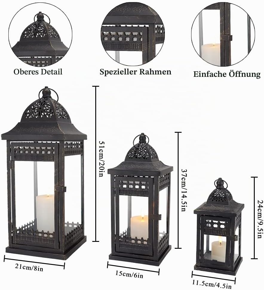 JHY DESIGN 3er-Set Kerzen Laternen 51&37&24cm Hohe Hängen Metall Dekorative Kerzenhalter Glas Garten