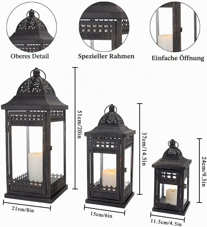 JHY DESIGN 3er-Set Kerzen Laternen 51&37&24cm Hohe Hängen Metall Dekorative Kerzenhalter Glas Garten