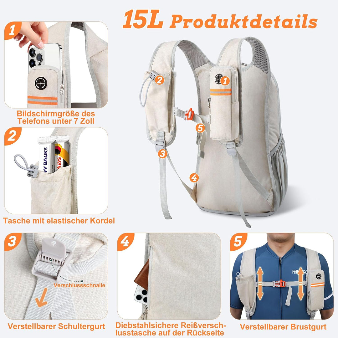 BECOJADDE 15L Wanderrucksack Herren Kleiner Rucksack Damen Leichter Daypack Tagesrucksack Faltbarer