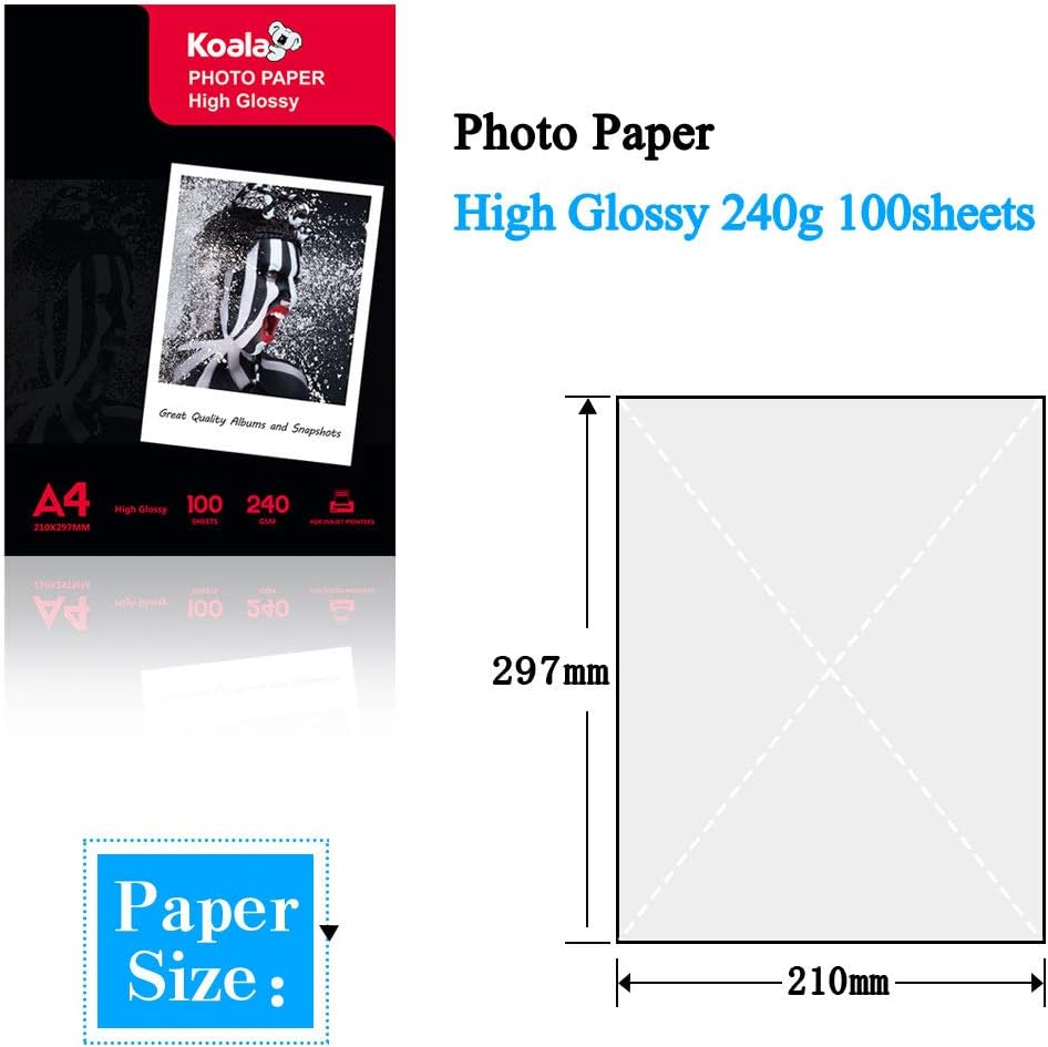 Koala Inkjet Hochglänzend Fotopapier DIN A4, 240 g/m², 100 Blatt, für Canon HP Epson Tintenstrahldru