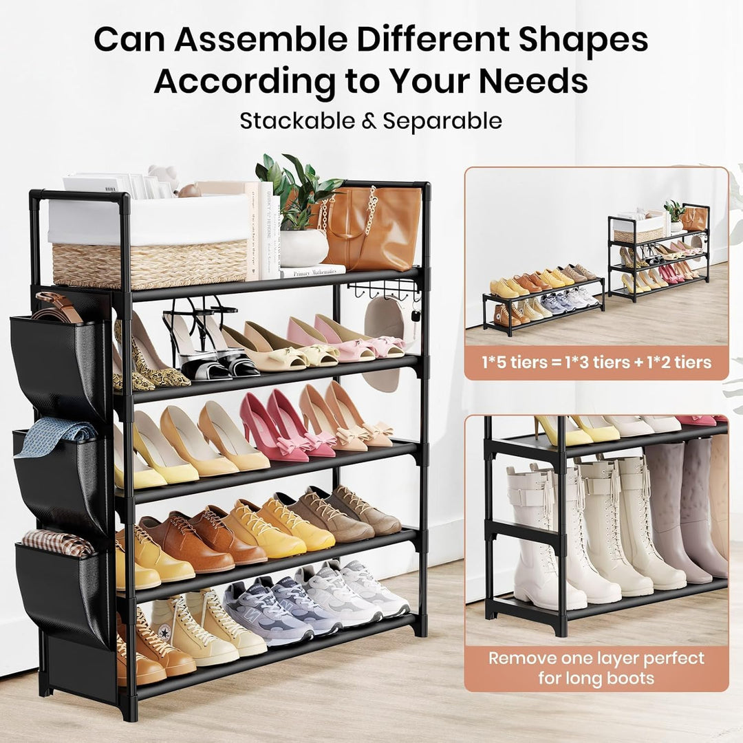 Schuhregal mit 5 Ebenen, Shoe Rack für 20-25 Paar Schuhen, Schuhorganizer mit Haken und Seitentasche