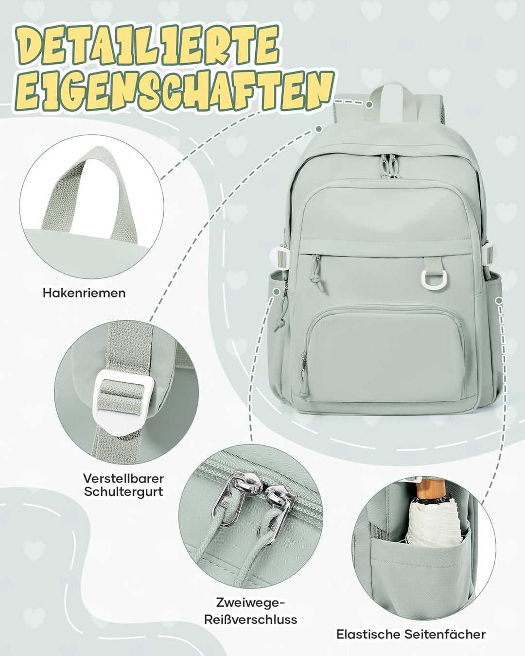 Schulrucksack Teenager Damen Herren, Leichter Rucksack Schule Uni mit Vielen Fächern, Wasserdicht Ru