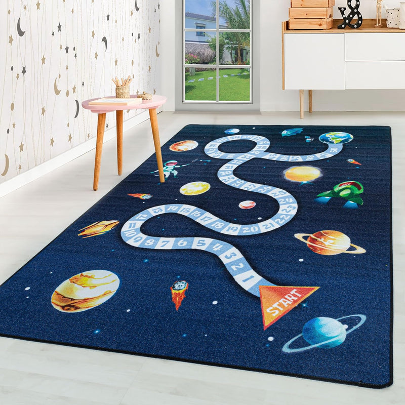 HomebyHome Kurzflor Kinderteppich Kinderzimmer Teppich Spiel Weltall Planet Rakete Blau, Farbe:Marin