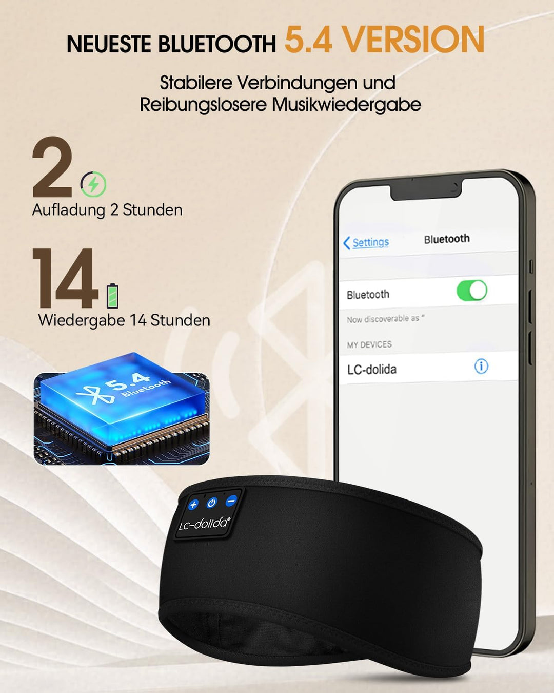 LC-dolida Schlafkopfhörer Bluetooth 5.4, Schlaf Kopfhörer Seitenschläfer Stirnband Kopfhörer Headban