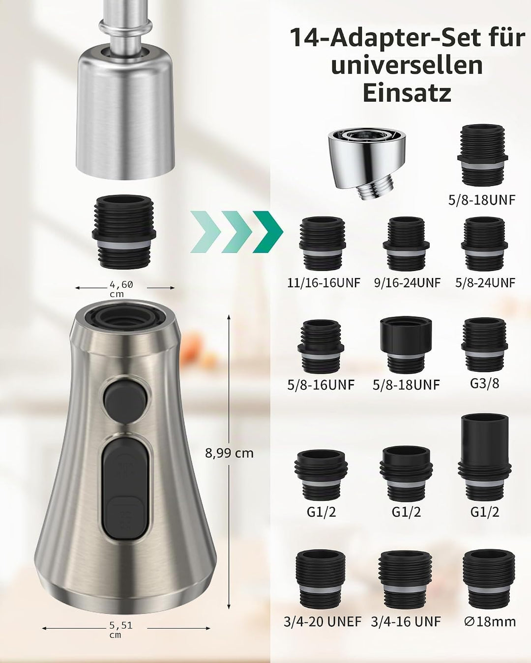 Mbillion ABS-Küchenarmaturkopf, Universal-Sprühdüse mit 3 Funktionen, mit 9 Adaptern, mattschwarz, a