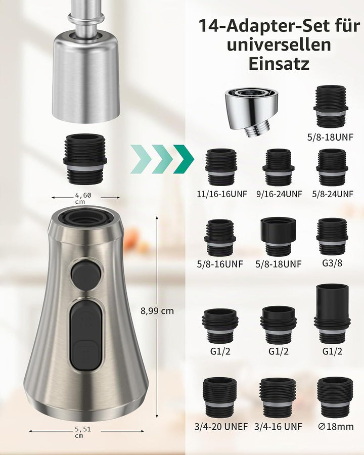 Mbillion ABS-Küchenarmaturkopf, Universal-Sprühdüse mit 3 Funktionen, mit 9 Adaptern, mattschwarz, a