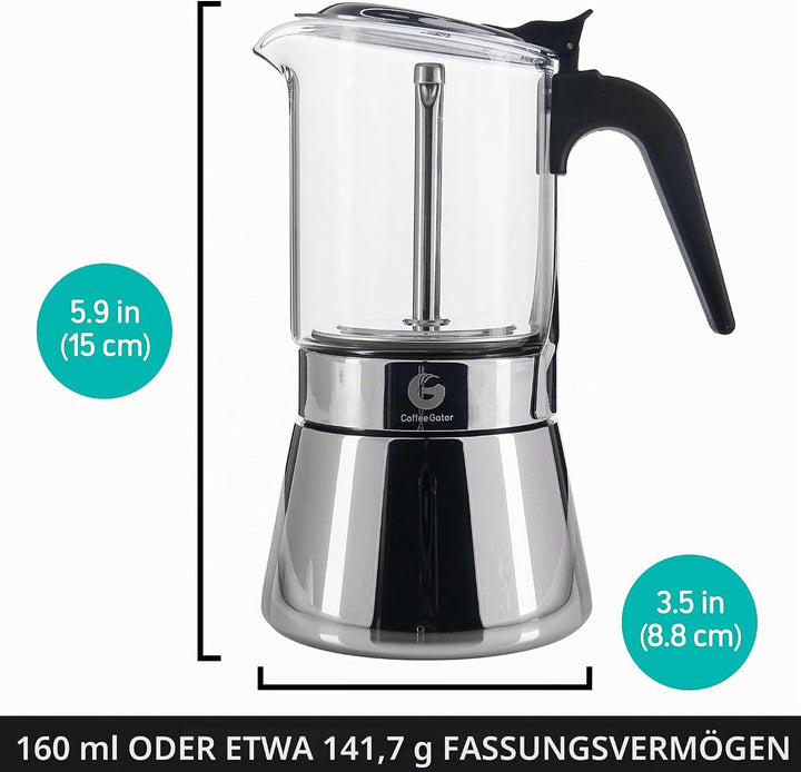 Coffee Gator Espressokocher Herdplatte 4 Tassen - 200 ML Edelstahl Moka-Kanne für Kräftigen Kaffee N