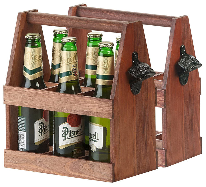 Cucina di Modena Männerhandtasche: 2er-Set Flaschenträger aus Kiefernholz mit Flaschenöffner (Geträn