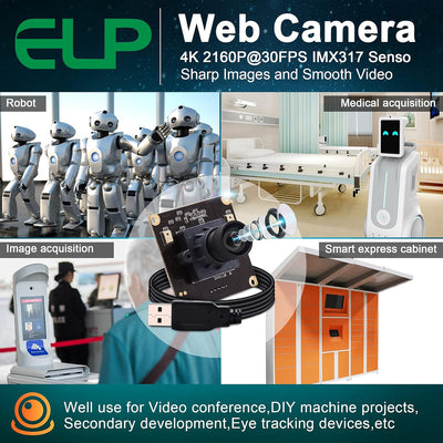 ELP 4K Ultra HD Webcam Unterstützung 3840x2160@30fps mit No-Distortion Objektiv, IMX317 Sensor PC We