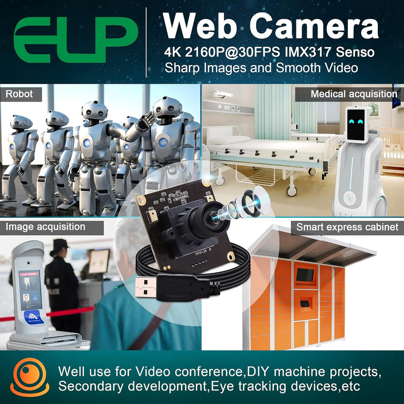 ELP 4K Ultra HD Webcam Unterstützung 3840x2160@30fps mit No-Distortion Objektiv, IMX317 Sensor PC We