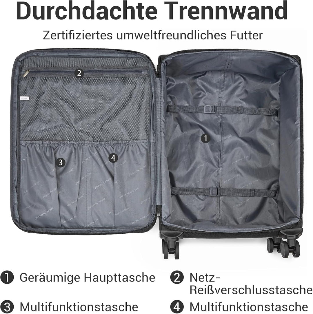 British Traveller Erweiterbarer Mittelgross Koffer, 68L Stoff Reisekoffer mit Volumenerweiterung, 4