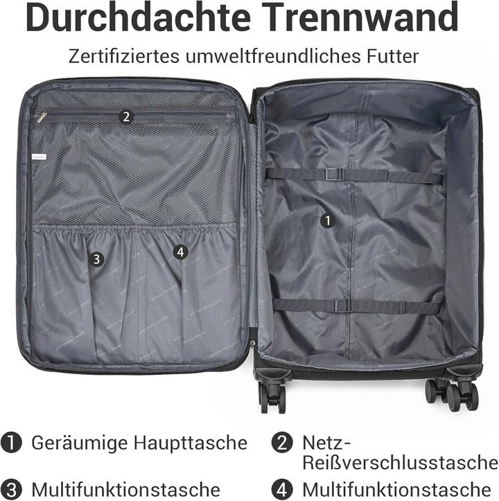 British Traveller Erweiterbarer Mittelgross Koffer, 68L Stoff Reisekoffer mit Volumenerweiterung, 4