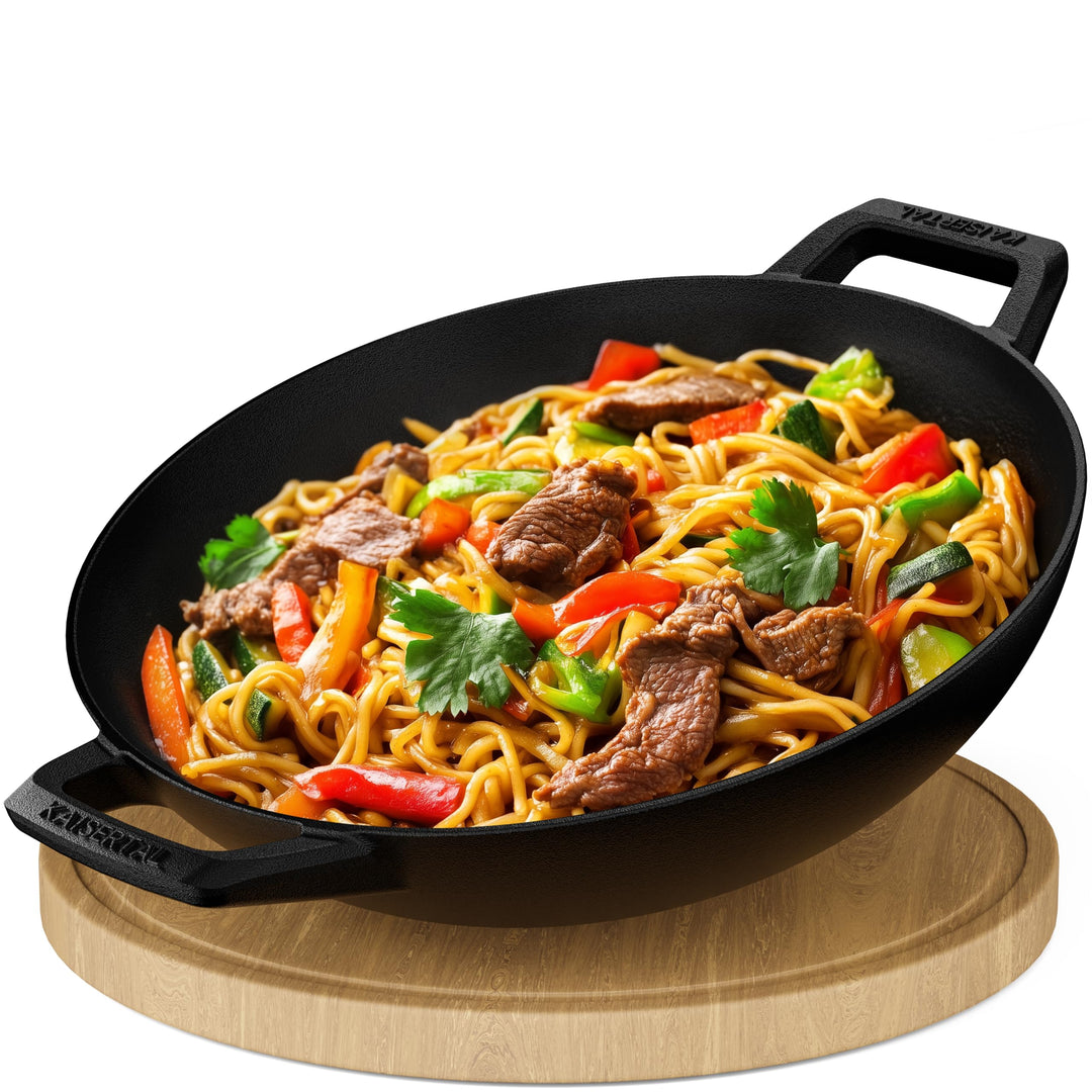 KAISERTAL® Gusseisen Wokpfanne Induktion | 32cm Ø Wokpfanne ohne Deckel | Wok mit Flachboden | Vorei
