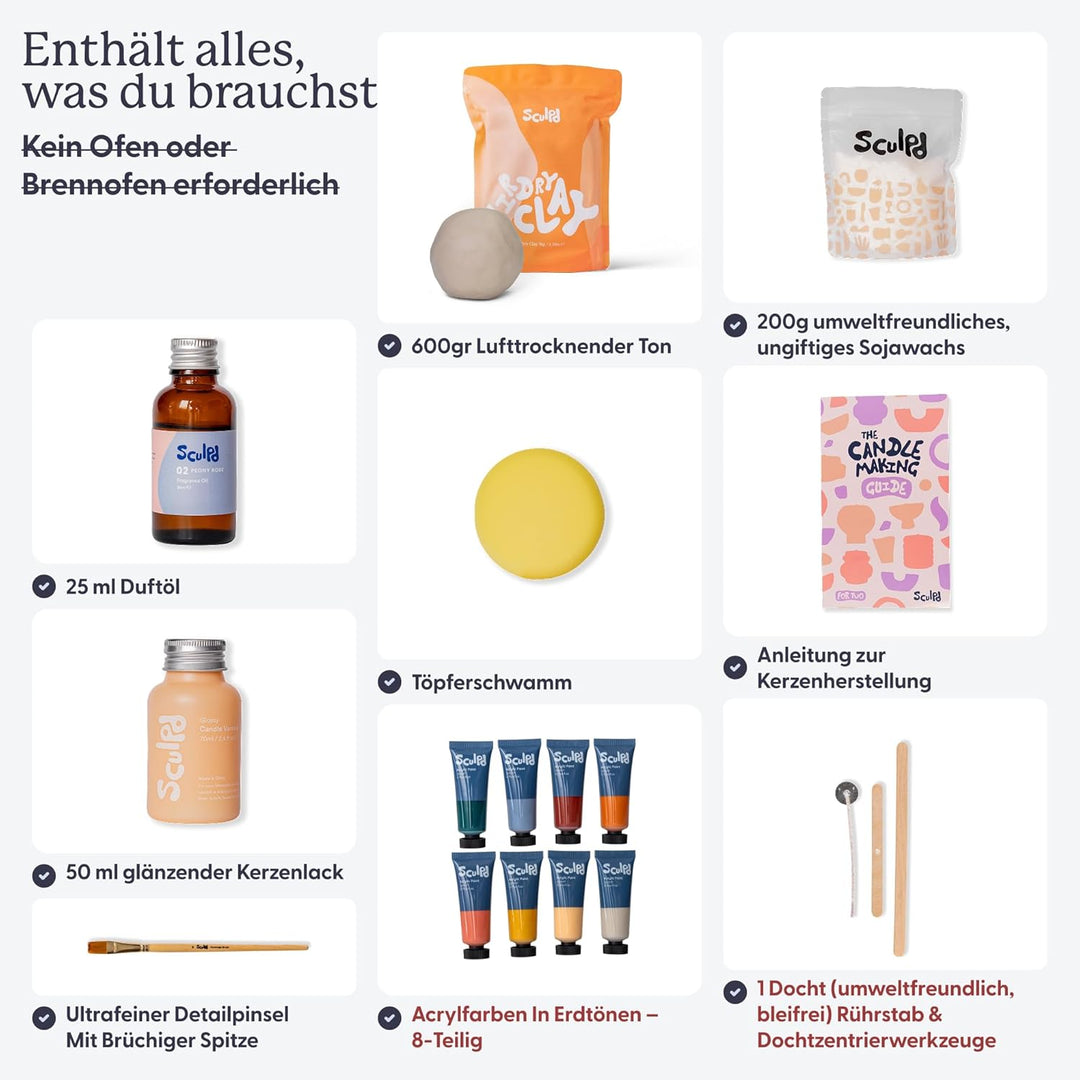 Sculpd Set zur Kerzenherstellung und Töpferei, komplettes Kunst-Set, enthält lufttrocknenden Ton, So