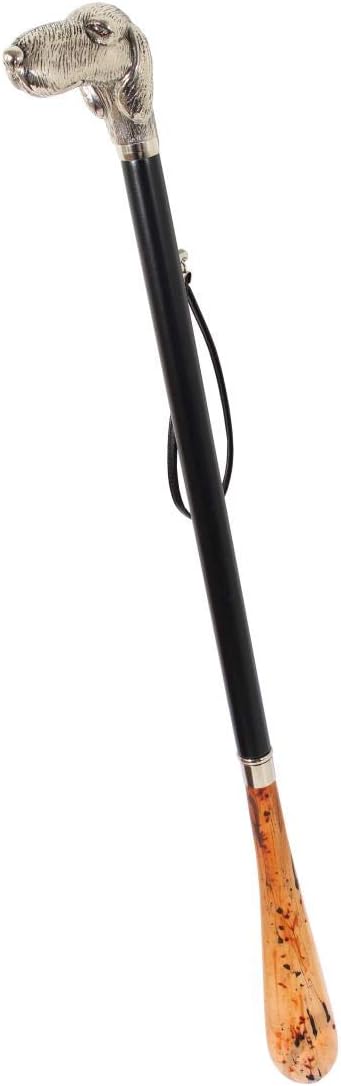 DELFA Design Schuhanzieher Schuhlöffel 70 cm mit silbernem Hund als Griff - schwarzer Holzschaft mit