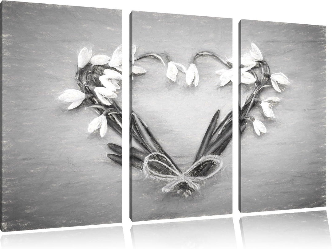 Pixxprint Herz aus Blumen Kunst / 3-Teilig/Gesamtmass 120cm Leinwandbild bespannt auf Holzrahmen/Wan