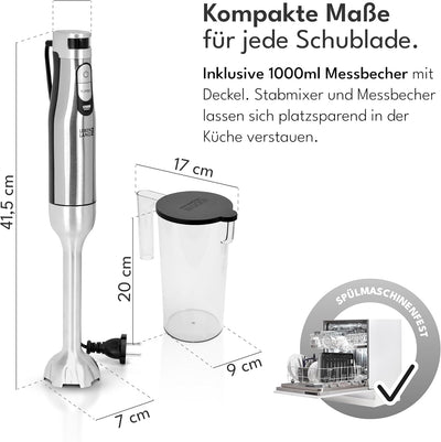 LEBENLANG Premium 1200W Stabmixer Edelstahl - Inkl. 1000ml Messbecher & Spritzschutz I Stufenlos ver