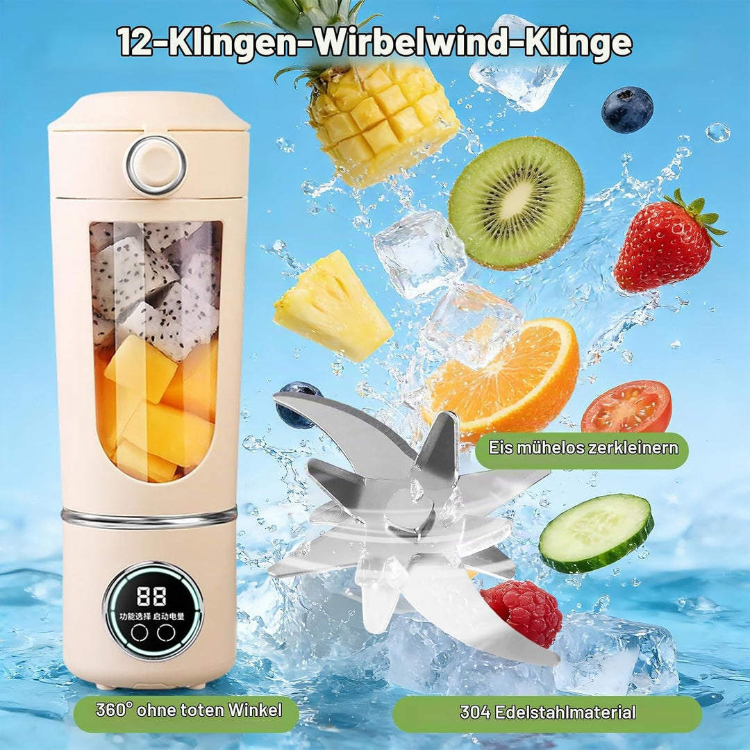 Tragbarer Mixer Smoothie Maker, 700 ml Kleiner Entsafter, Typ-C Wiederaufladbar, mit 12 Rostfreien K