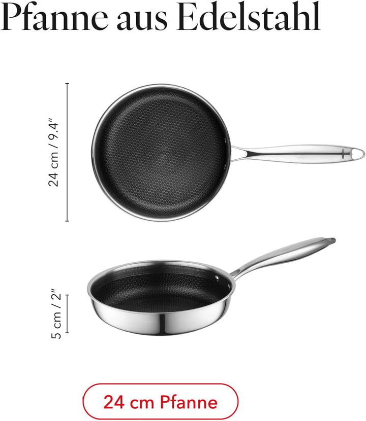 FLORINA Bratpfanne aus Edelstahl ARISTO | Pfanne 24 cm | 3-Lagen-Aufbau | Antihaftbeschichtung mit W